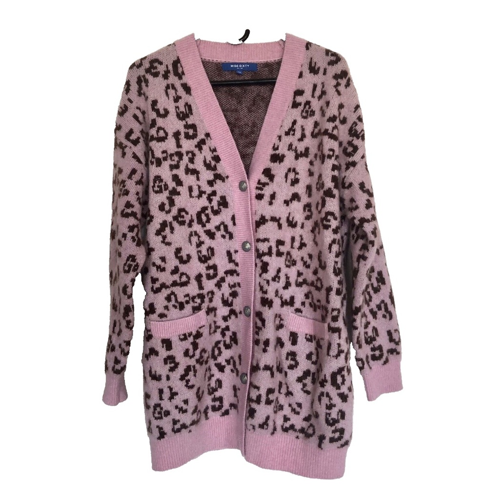 NWT NEW Miss Sixty Long Wool Pink Leopard Cardigan Sweater Size Med Thick & Soft